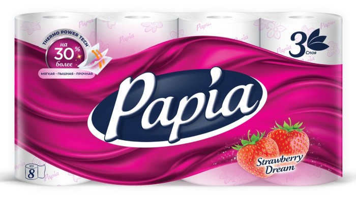 Туалетная бумага Papia клубника 3 слоя 8 рулонов