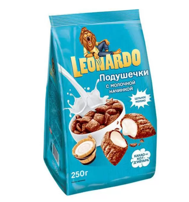 Готовый завтрак Leonardo подушечки с мол.начин 250 г.