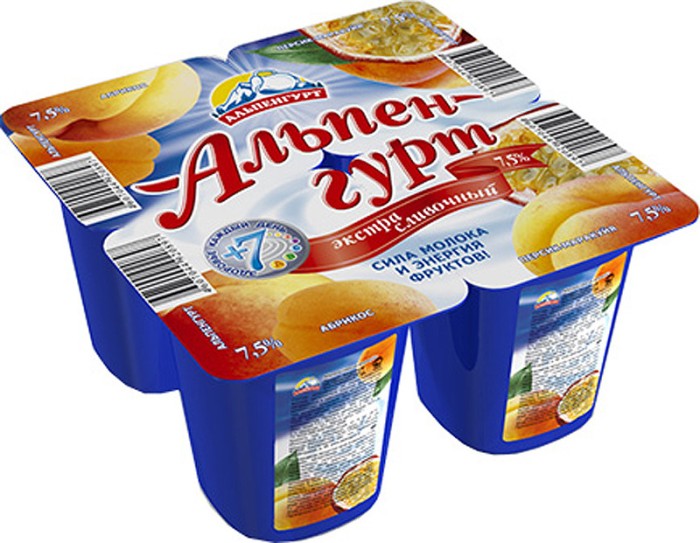 Йогурт Альпен-гурт абрикос-персик-маракуйя 7,5% 100 г