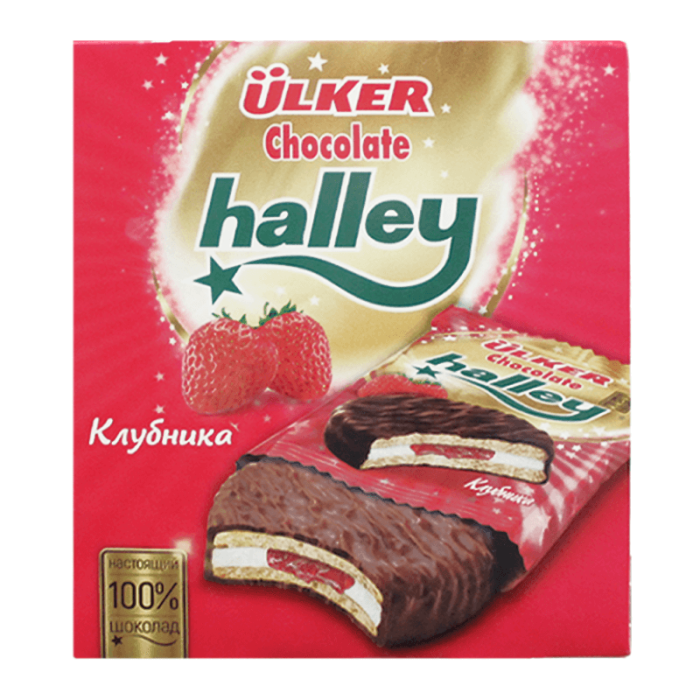 Печенье Halley Ulker сендвич печенье покрытое мол. шоколадом со вкусом клубники 320 г.