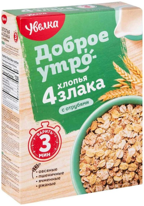 Хлопья 4 злака Увелка 350 г. с отрубями