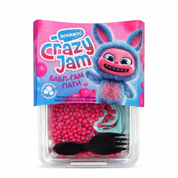 Crazy jam Мороженое молочное с шариками, драже и соусом со вк. Бабл-Гам пати 180 г