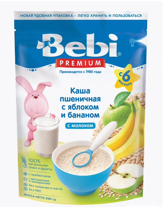 Каша пшеничная с яблоком и бананом Bebi Премиум 200 г.