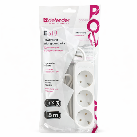 Удлинитель с заземлением E318 Defender 1,8 метров 3 розетки